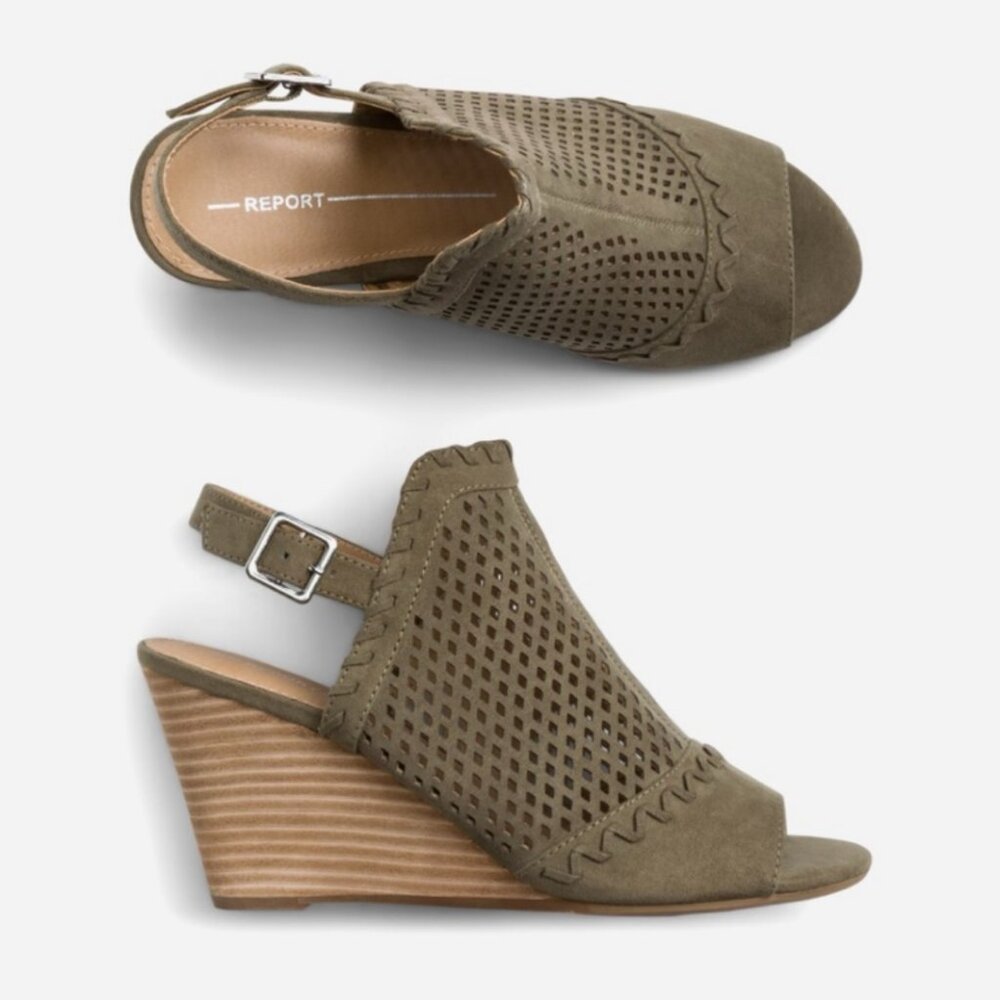 Report Footwear Faux Suede Laser Cut Saveria Peep Toe Wedge, 9M, Olive Green